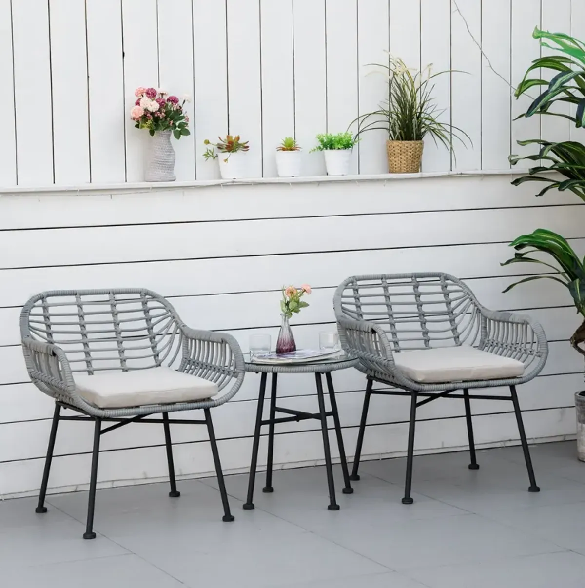 Cream White Bistro Set: 3-Piece PE Rattan Furniture with Cushions