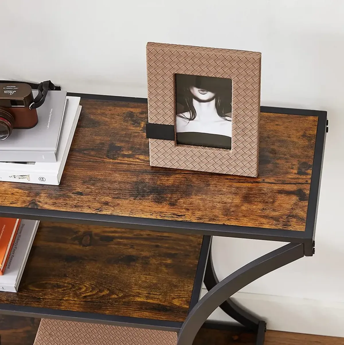 Versatile Hallway Table with Curved Frames - Rustic Brown and Black, 2 Open Shelves