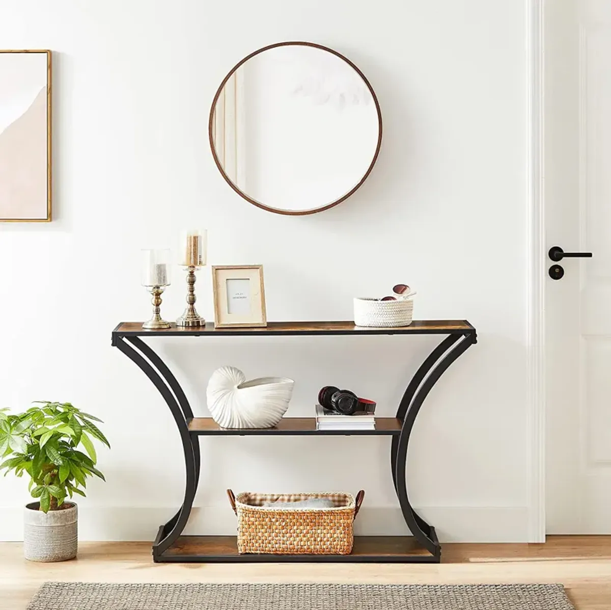 Versatile Hallway Table with Curved Frames - Rustic Brown and Black, 2 Open Shelves