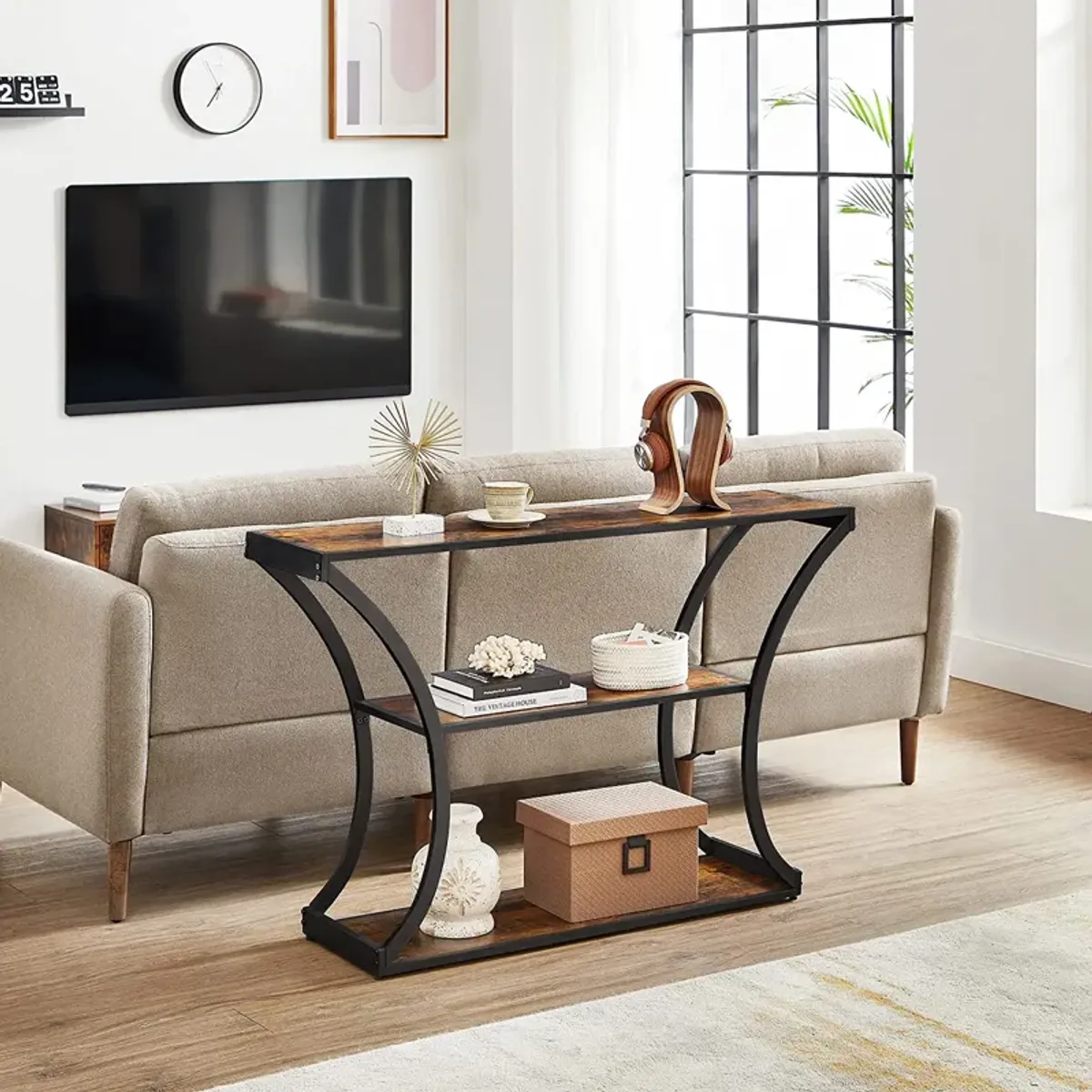 Versatile Hallway Table with Curved Frames - Rustic Brown and Black, 2 Open Shelves