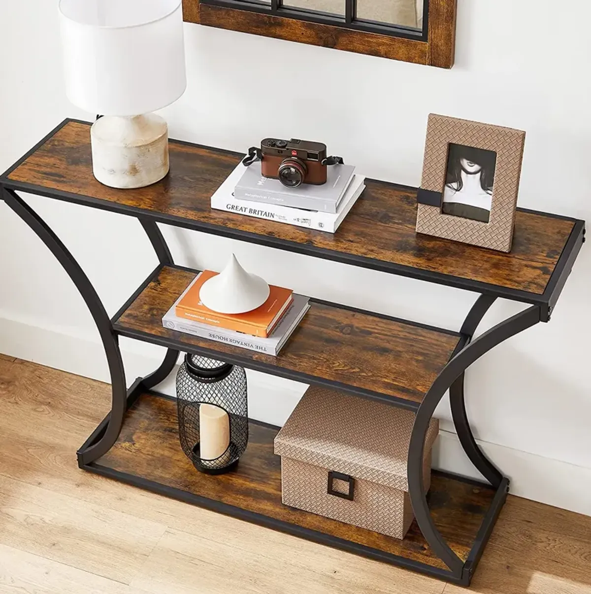 Versatile Hallway Table with Curved Frames - Rustic Brown and Black, 2 Open Shelves