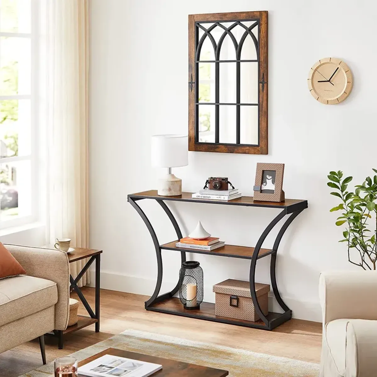 Versatile Hallway Table with Curved Frames - Rustic Brown and Black, 2 Open Shelves