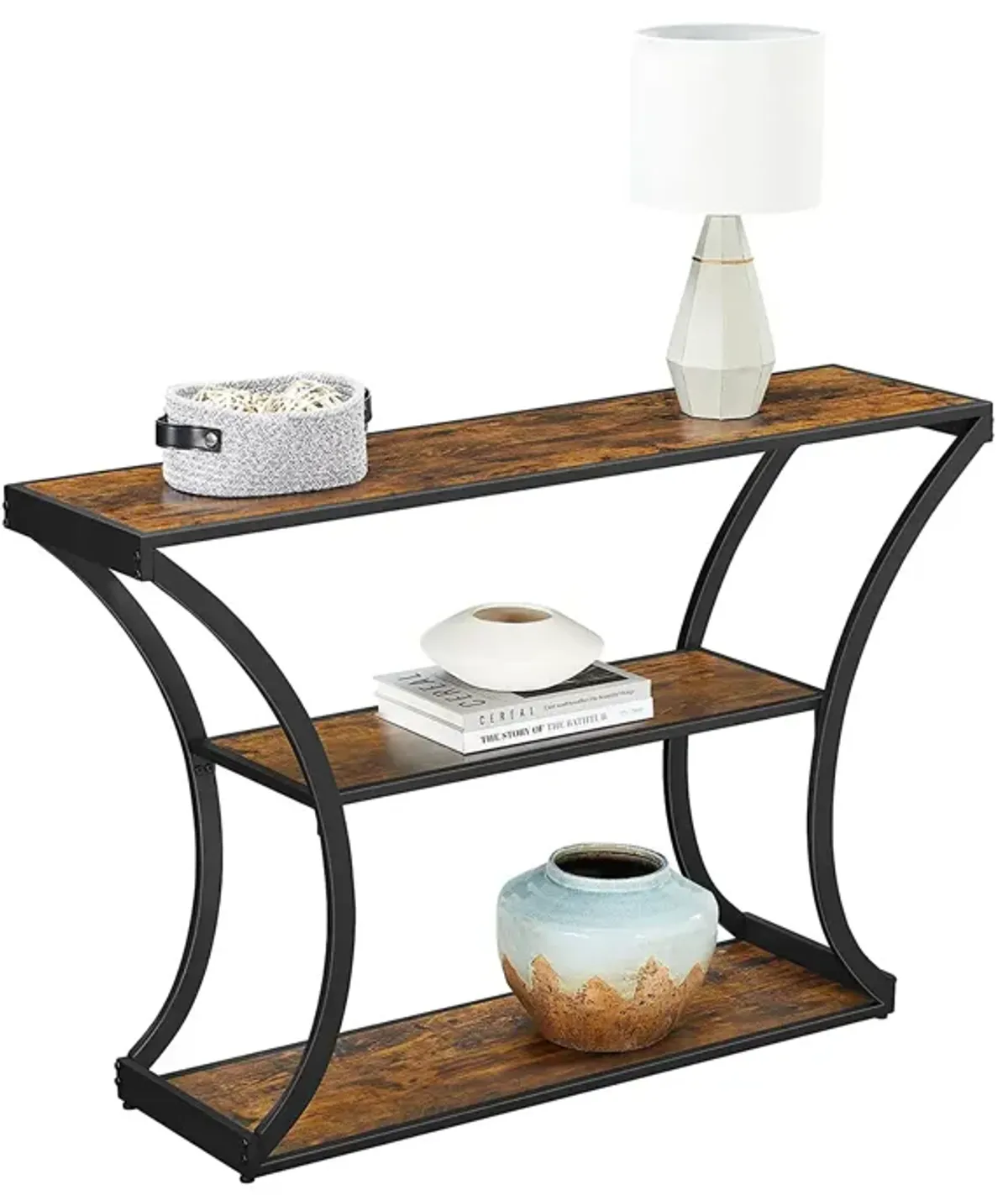 Versatile Hallway Table with Curved Frames - Rustic Brown and Black, 2 Open Shelves