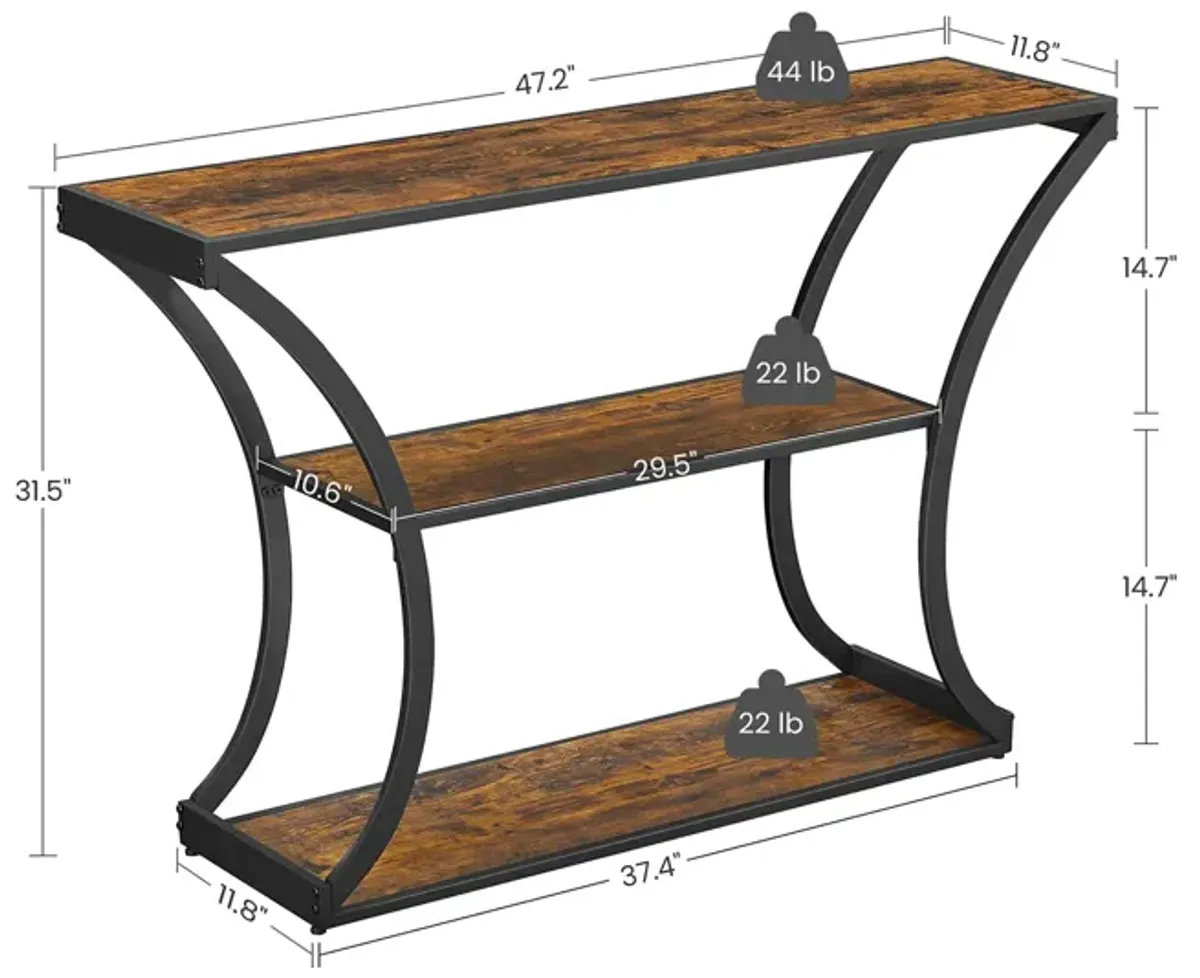 Versatile Hallway Table with Curved Frames - Rustic Brown and Black, 2 Open Shelves