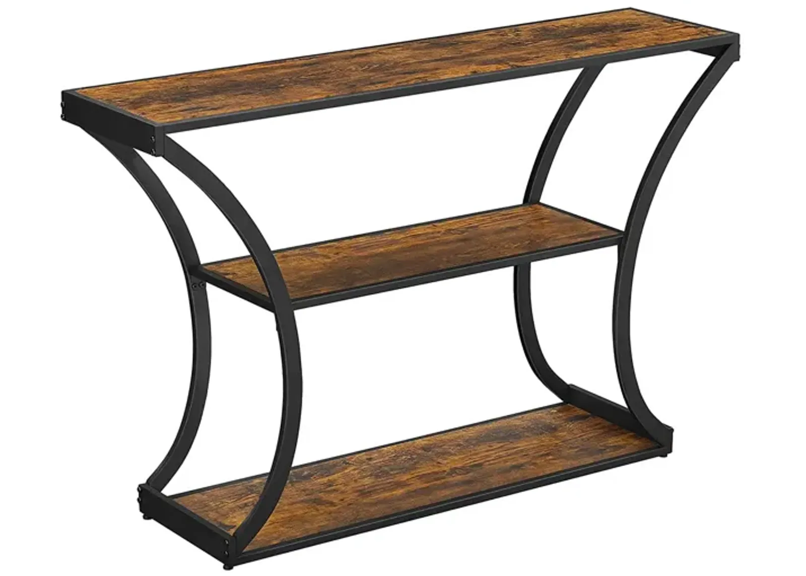 Versatile Hallway Table with Curved Frames - Rustic Brown and Black, 2 Open Shelves