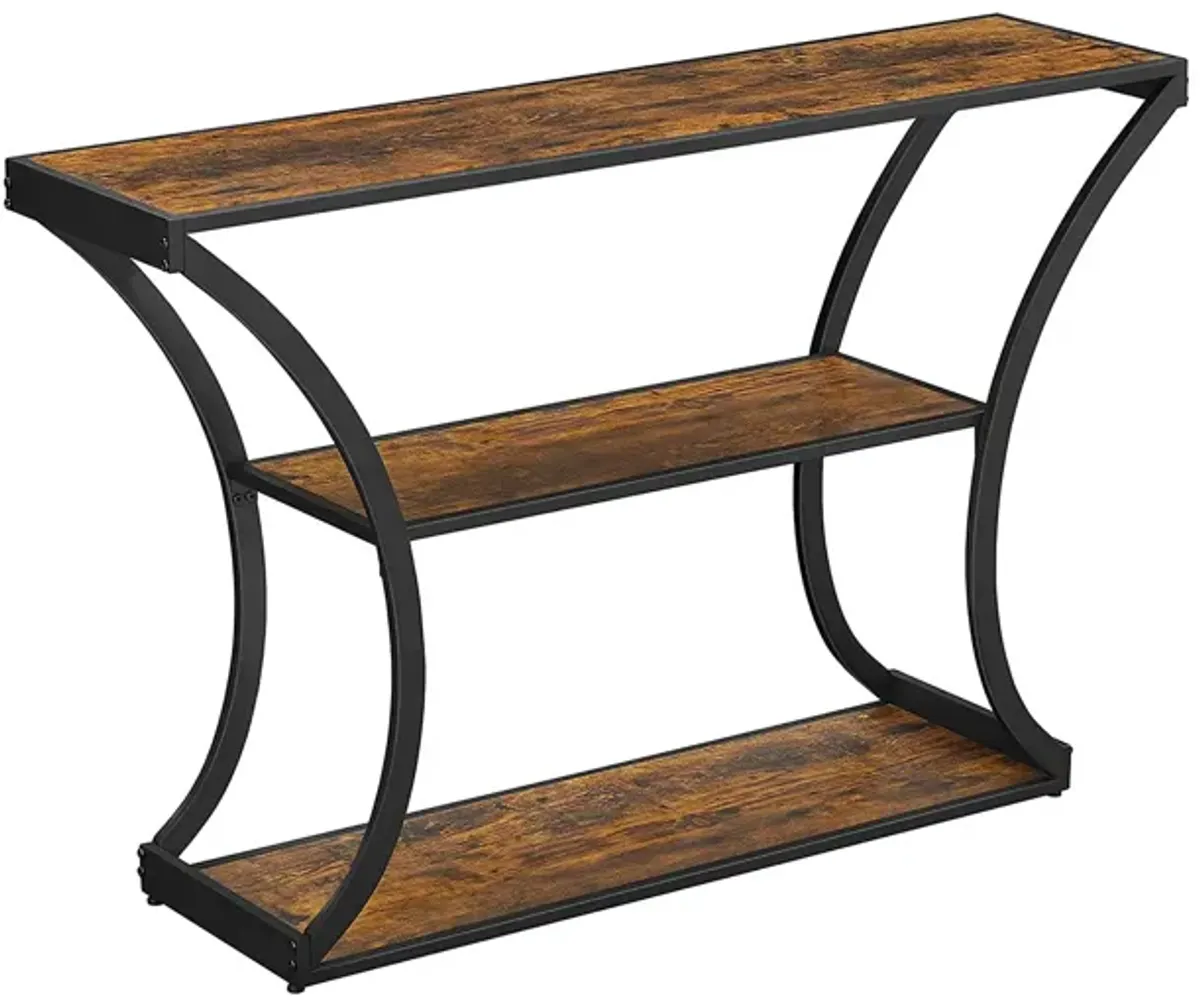 Versatile Hallway Table with Curved Frames - Rustic Brown and Black, 2 Open Shelves