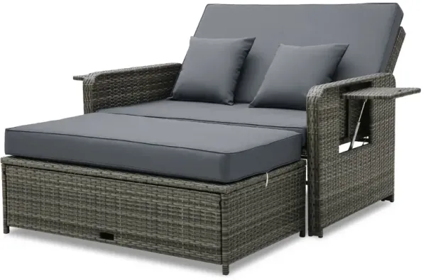 Wicker Loveseat Sofa with Multipurpose Ottoman and Retractable Side Tray-Gray