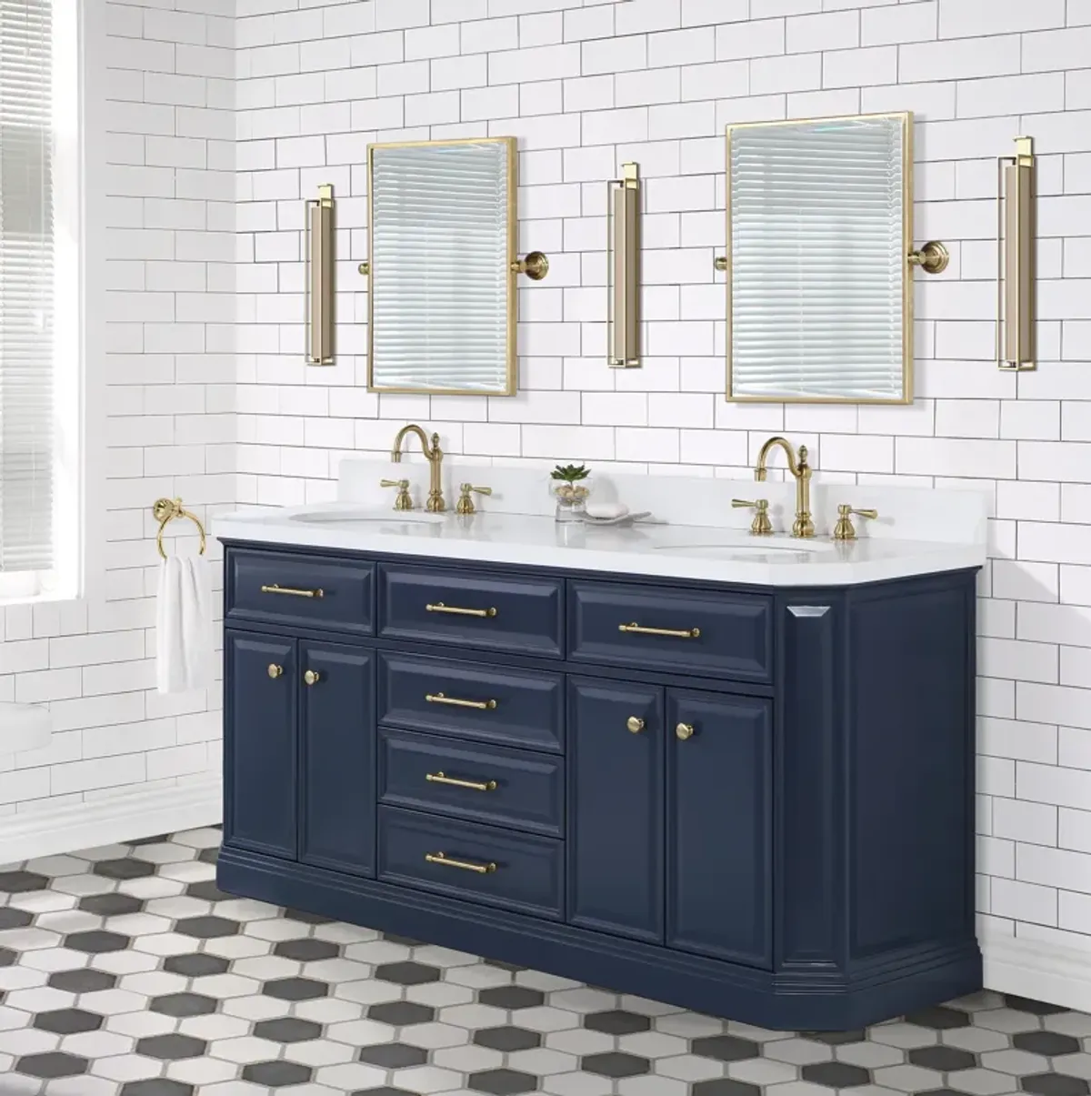 Palace 72 In. Double Sink Carrara Quartz Countertop Bath Vanity in Monarch Blue with Satin Gold Hardware