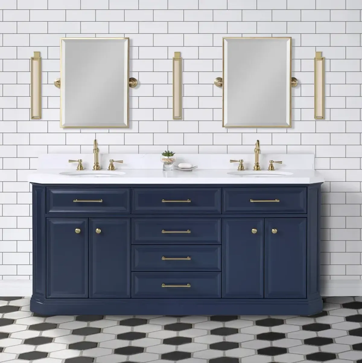 Palace 72 In. Double Sink Carrara Quartz Countertop Bath Vanity in Monarch Blue with Satin Gold Hardware