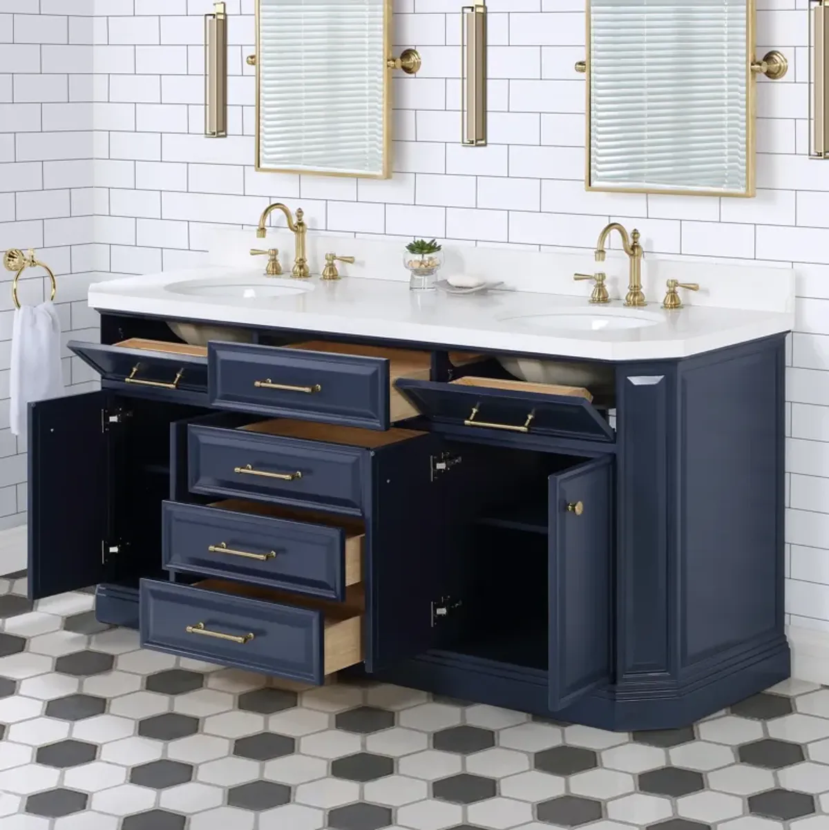 Palace 72 In. Double Sink Carrara Quartz Countertop Bath Vanity in Monarch Blue with Satin Gold Hardware