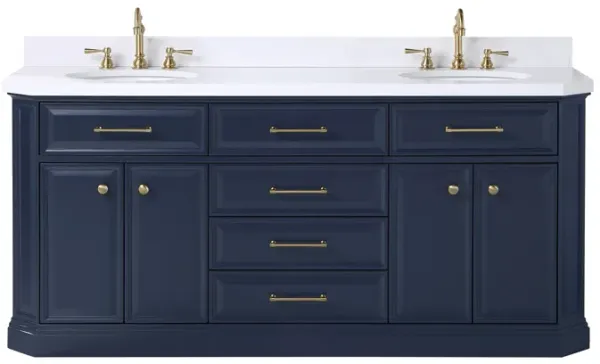Palace 72 In. Double Sink Carrara Quartz Countertop Bath Vanity in Monarch Blue with Satin Gold Hardware