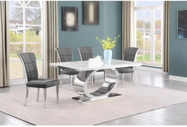 5pc Small(48") marble top dining set with silver base and 4 Dark grey chairs