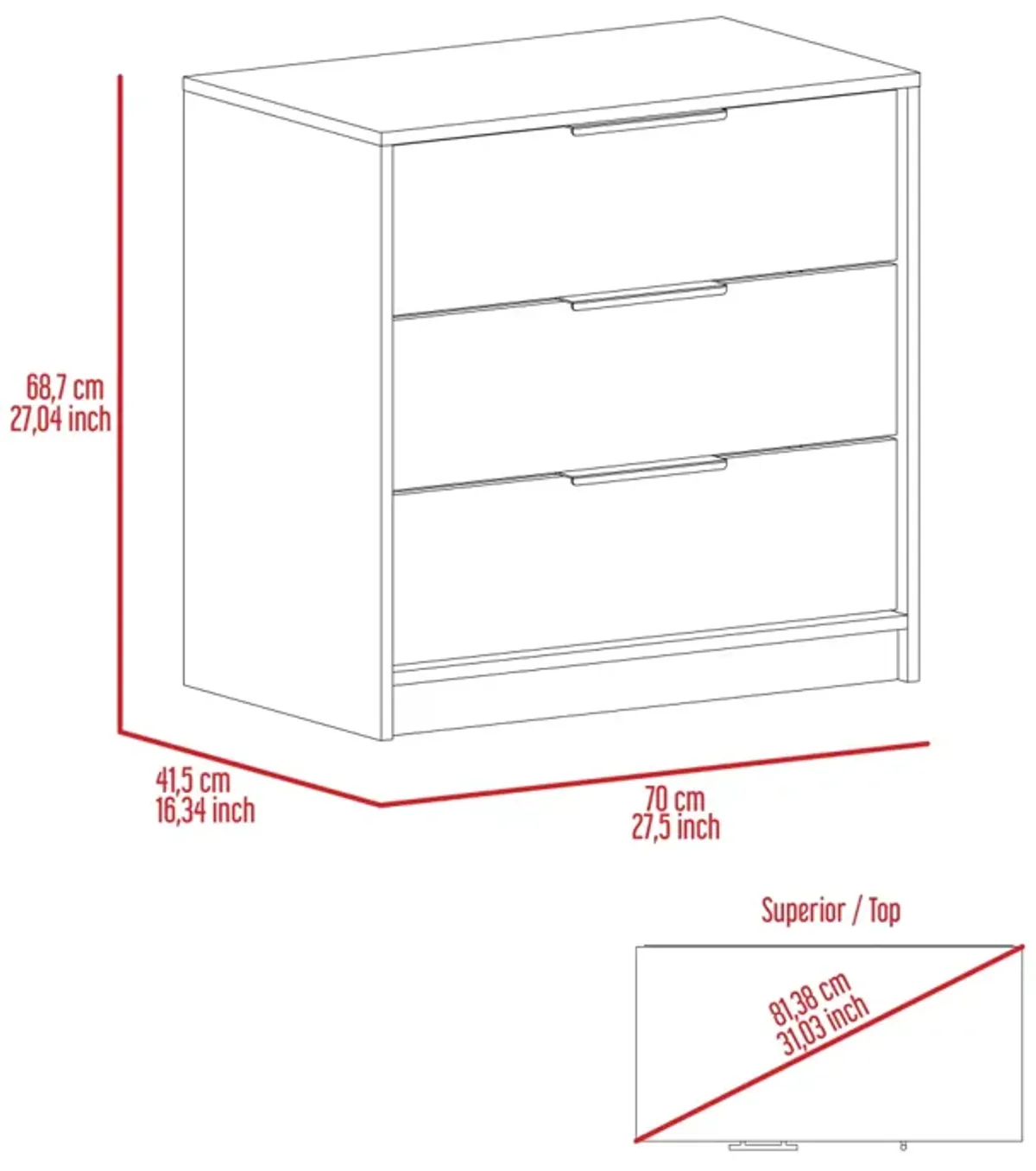 Kaia 3 Drawers Dresser, Superior Top - White