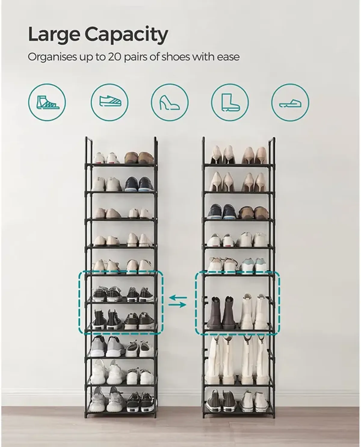 10-Tier Adjustable Shoe Rack for Efficient Storage and Organization