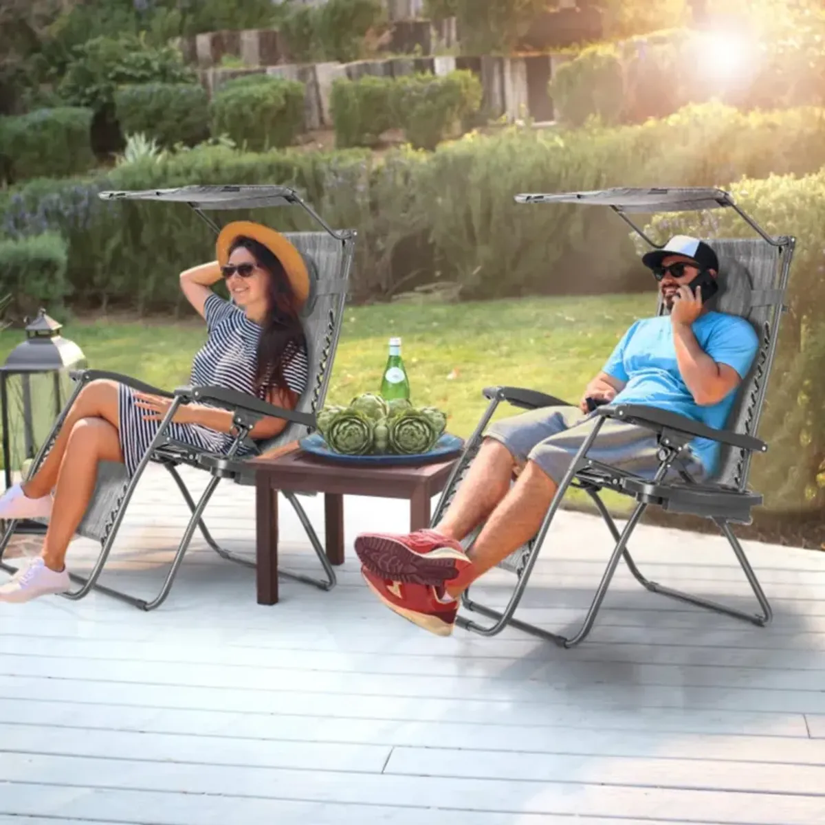 Hivvago Folding Recliner Lounge Chair with Shade Canopy Cup Holder