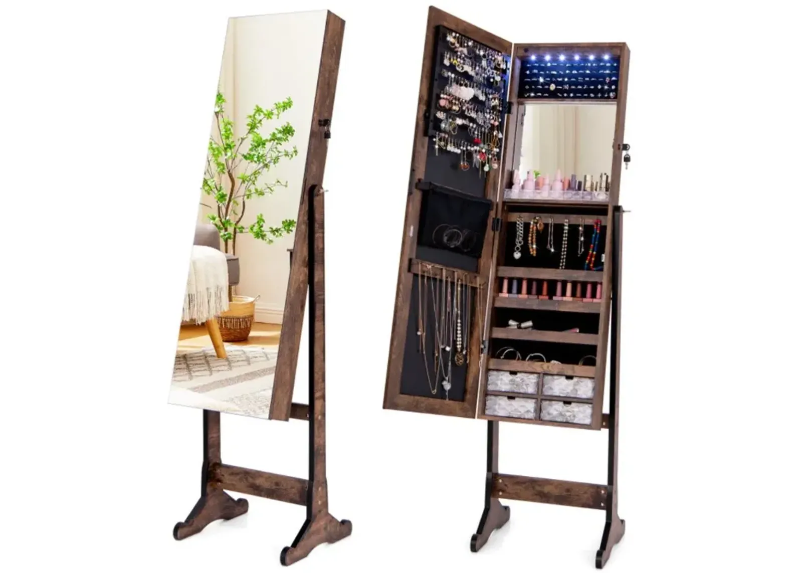 Hivvago Free Standing Full Length Jewelry Armoire with Lights