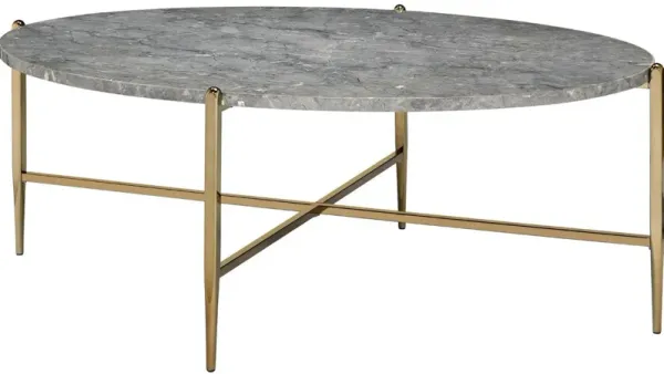 Coffee Table with Oval Marble Top and X Shaped Support, Gray and Gold-Benzara