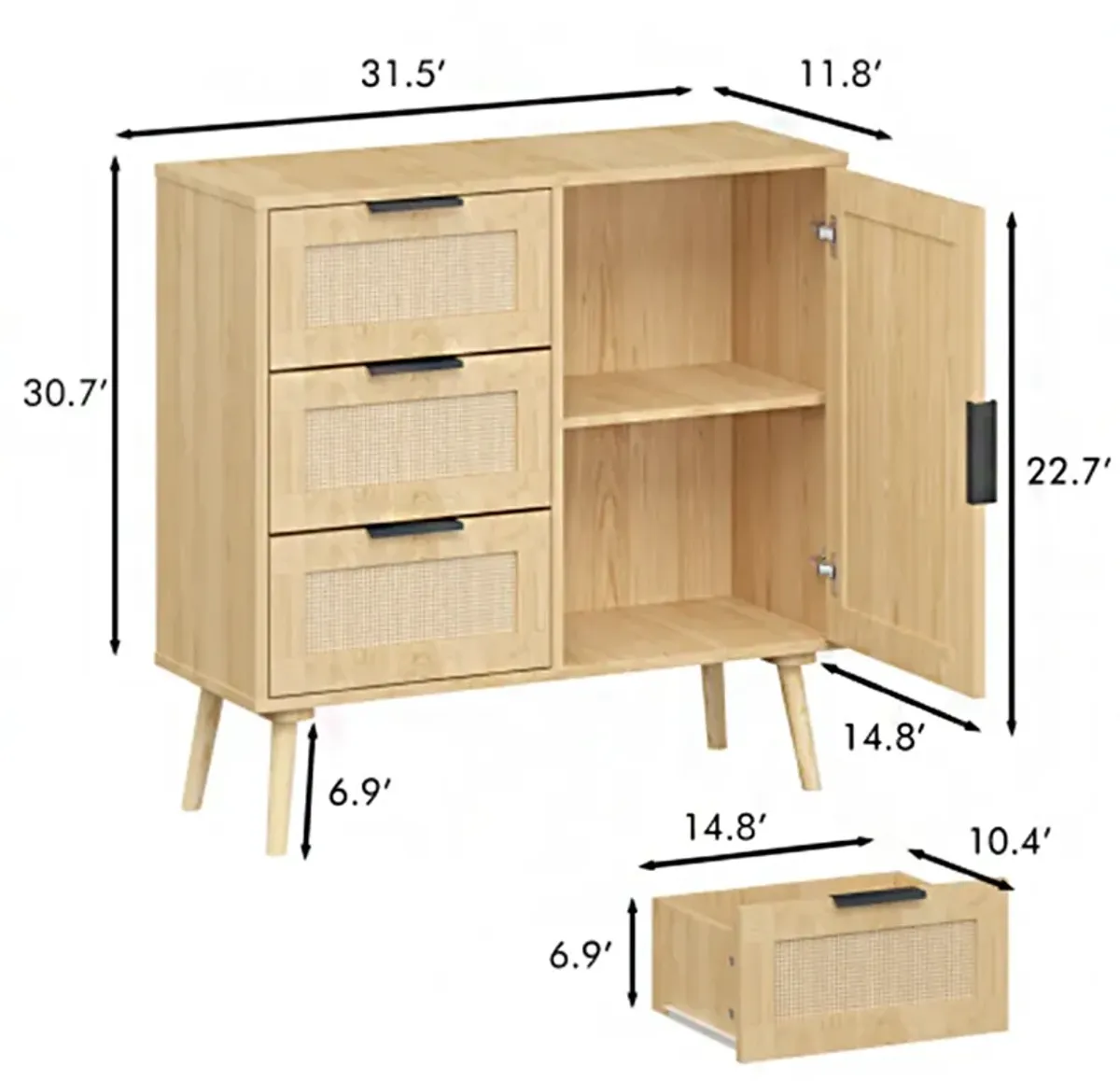 Modern Rattan Wood Dresser Wood Storage Cabinet Sideboard for Bedroom, Living Room, Entryway, Hallway