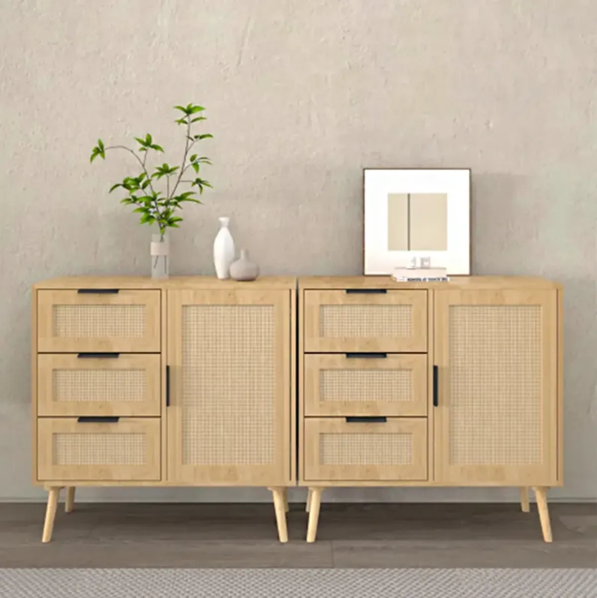 Modern Rattan Wood Dresser Wood Storage Cabinet Sideboard for Bedroom, Living Room, Entryway, Hallway