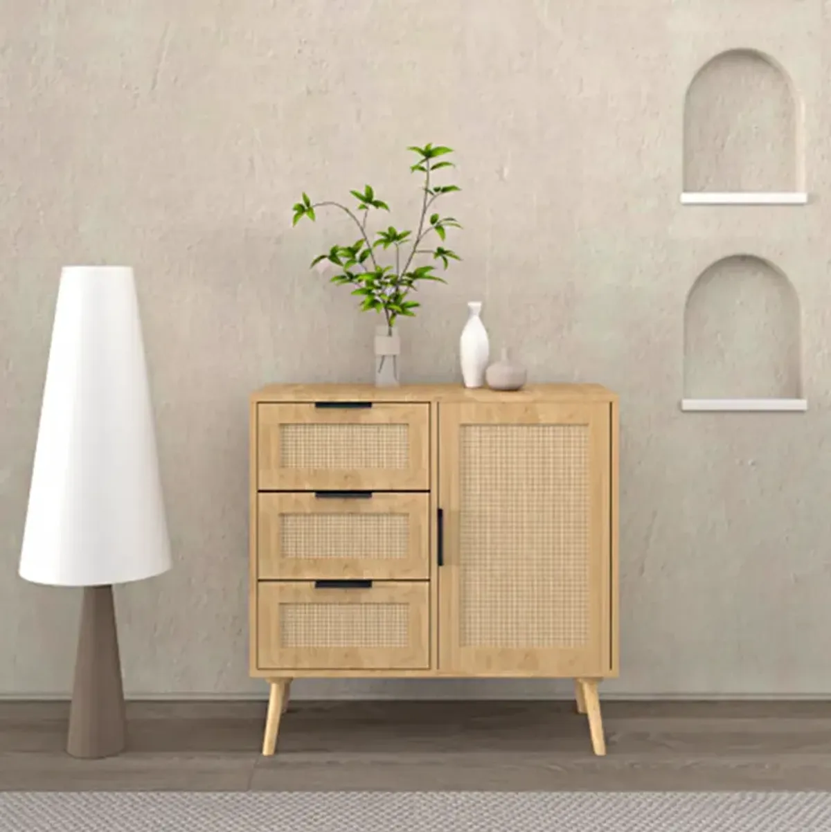 Modern Rattan Wood Dresser Wood Storage Cabinet Sideboard for Bedroom, Living Room, Entryway, Hallway