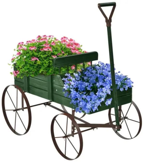 Hivvago Wooden Wagon Plant Bed with Metal Wheels for Garden Yard Patio