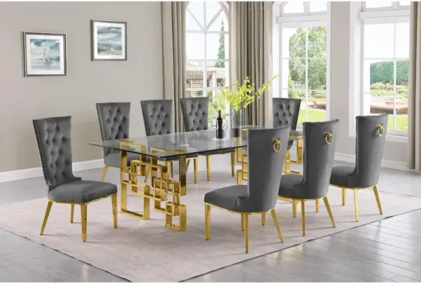9-piece glam dining set with 8 dark grey chairs and a 95" long glass  table