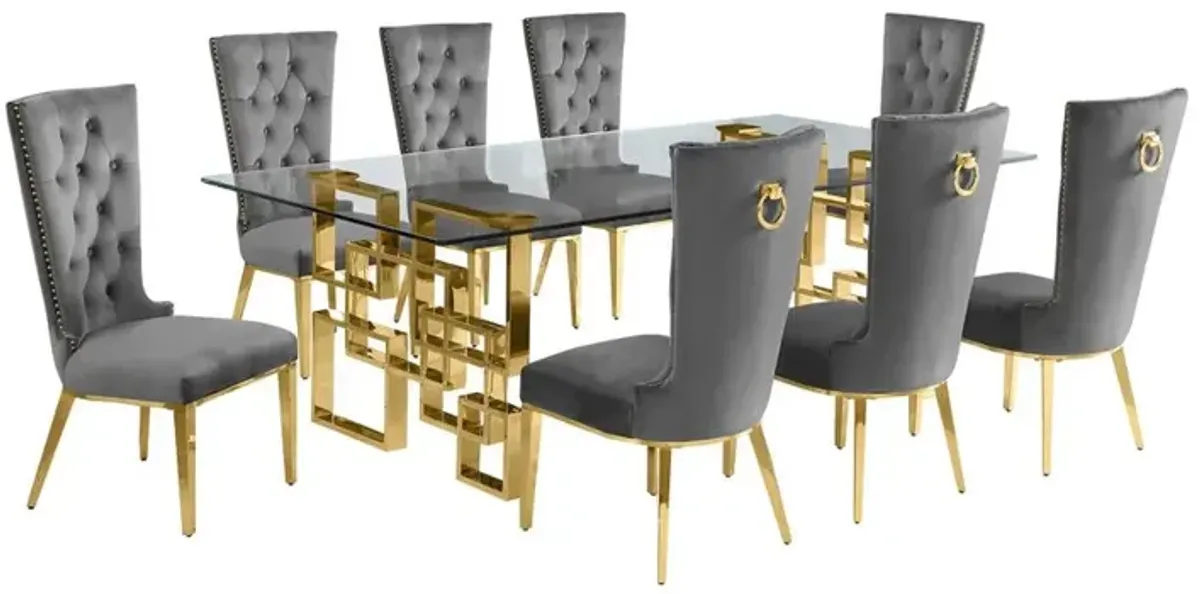 9-piece glam dining set with 8 dark grey chairs and a 95" long glass  table