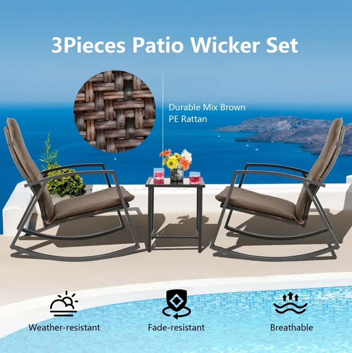 3 Pieces Patio Rattan Rocking Furniture Set