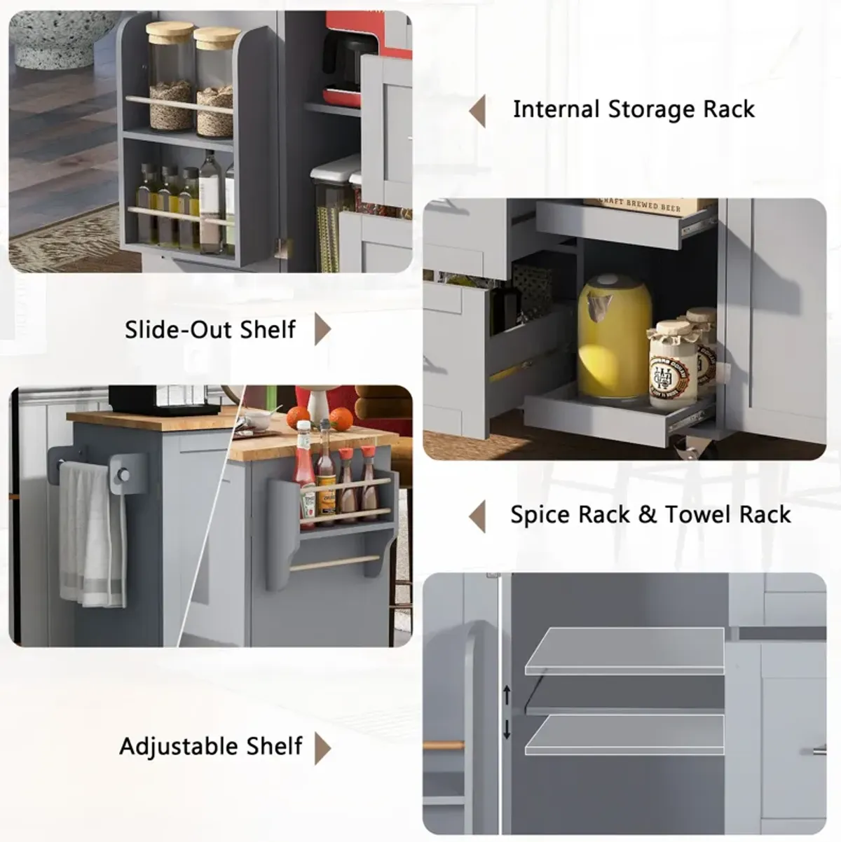 Rolling Kitchen Island with Storage, Kitchen Cart with Rubber Wood Top, 3 Drawer, 2 Slide-Out Shelf and Internal Storage Rack, Kitchen Island on Wheels with Spice Rack & Tower Rack