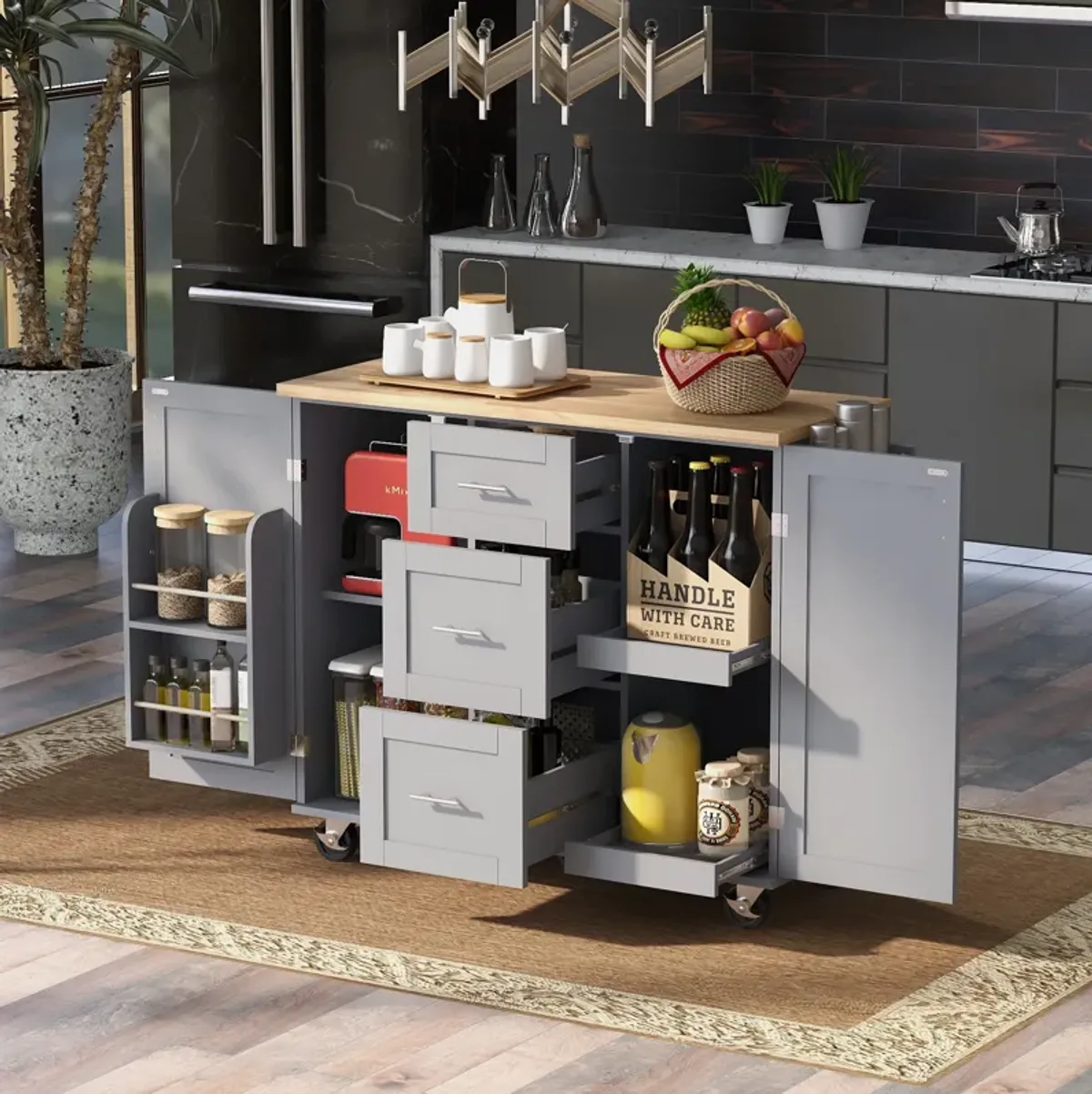 Rolling Kitchen Island with Storage, Kitchen Cart with Rubber Wood Top, 3 Drawer, 2 Slide-Out Shelf and Internal Storage Rack, Kitchen Island on Wheels with Spice Rack & Tower Rack