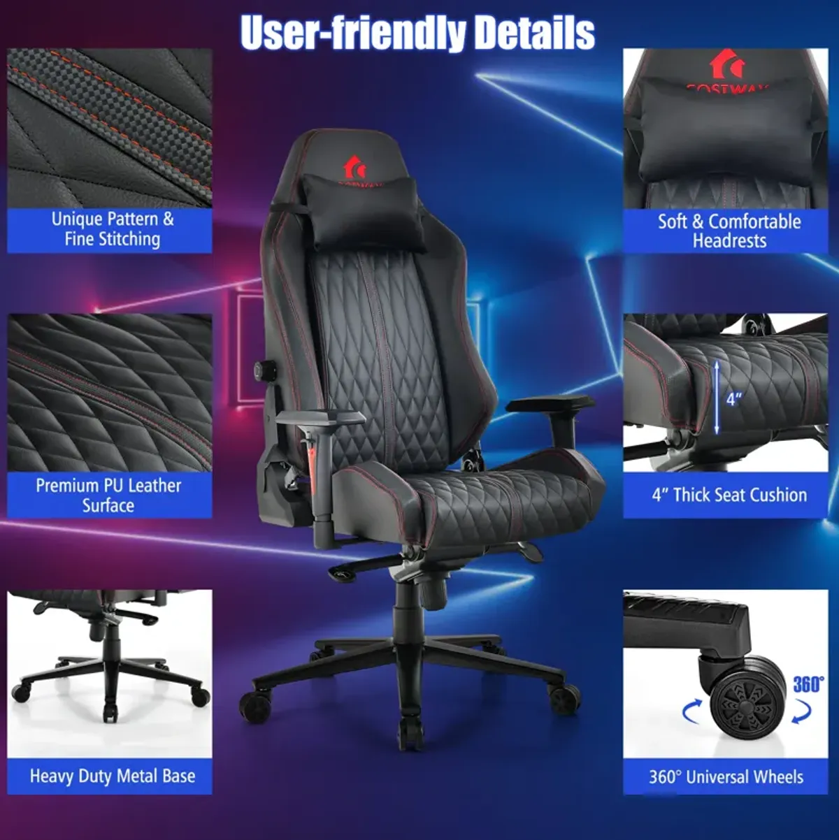 Adjustable Gaming Chair with Gas Lift 4D Armrest and Lumbar Support-Black