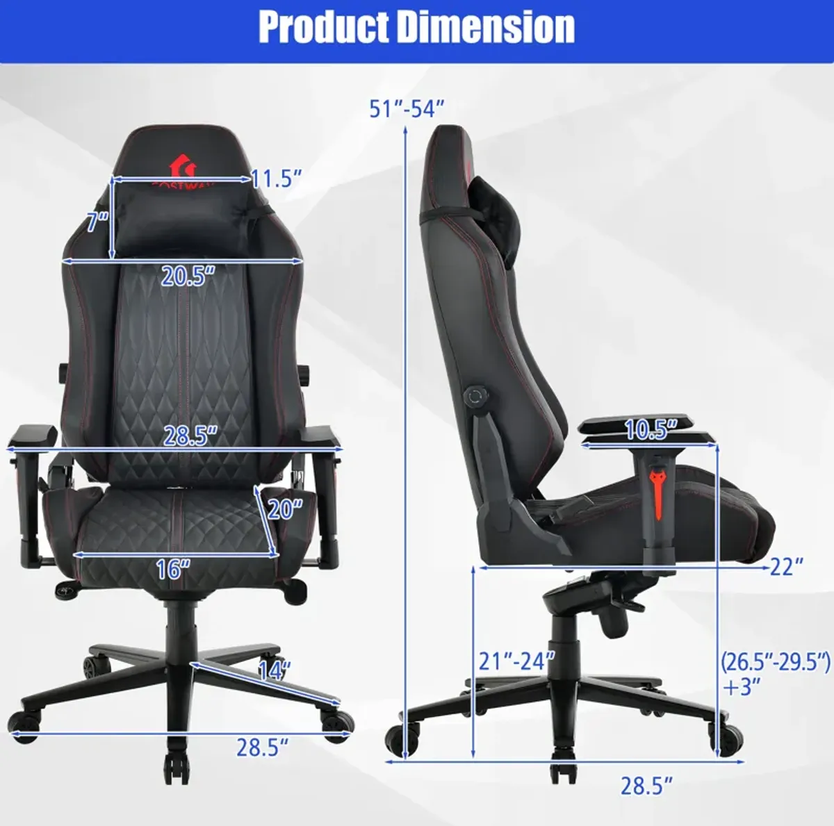 Adjustable Gaming Chair with Gas Lift 4D Armrest and Lumbar Support-Black