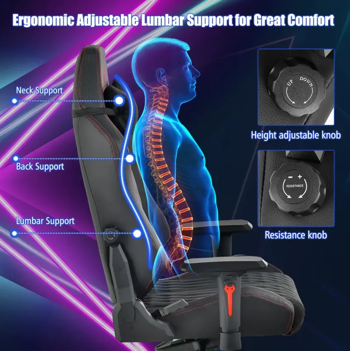 Adjustable Gaming Chair with Gas Lift 4D Armrest and Lumbar Support-Black