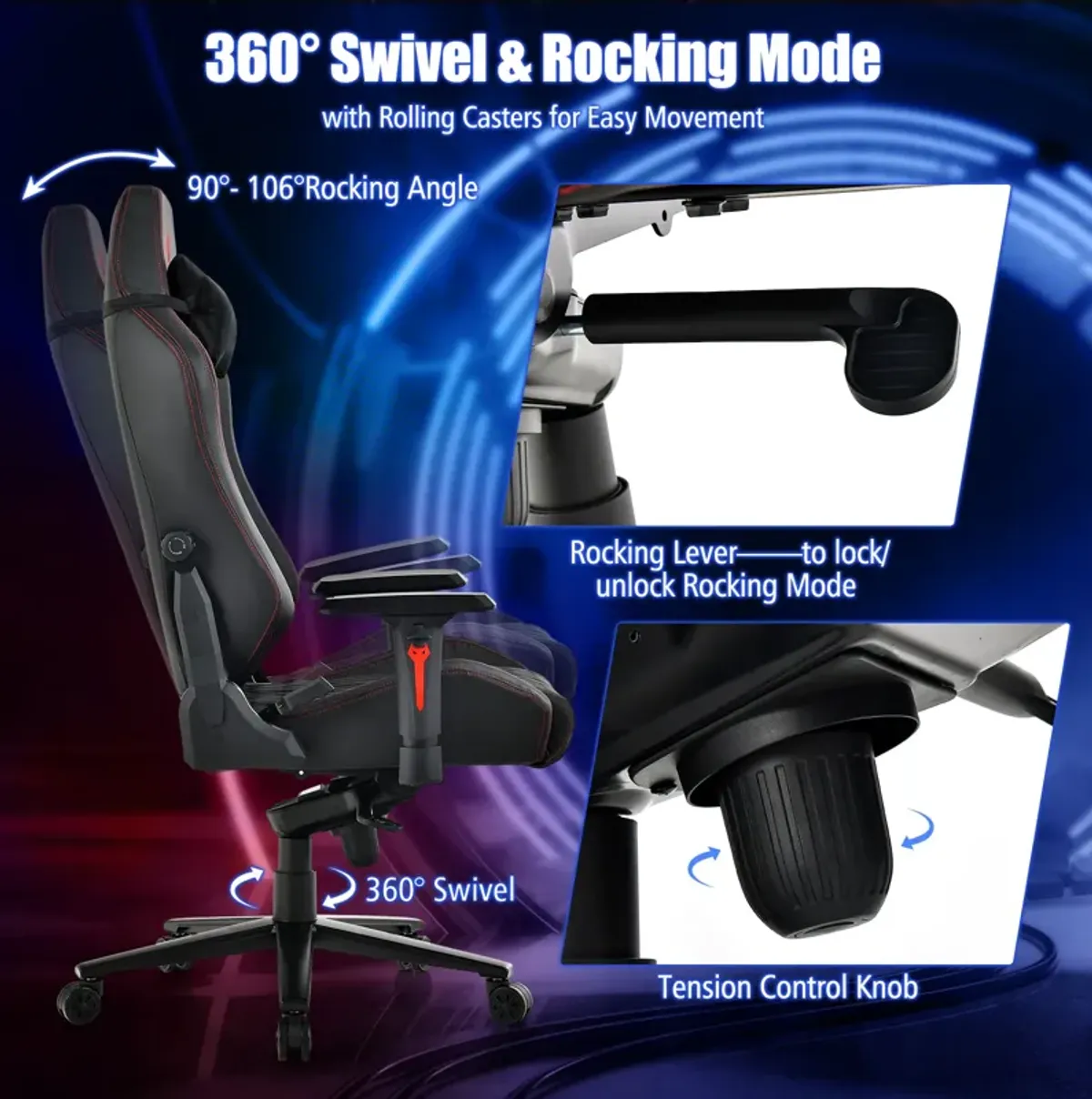 Adjustable Gaming Chair with Gas Lift 4D Armrest and Lumbar Support-Black