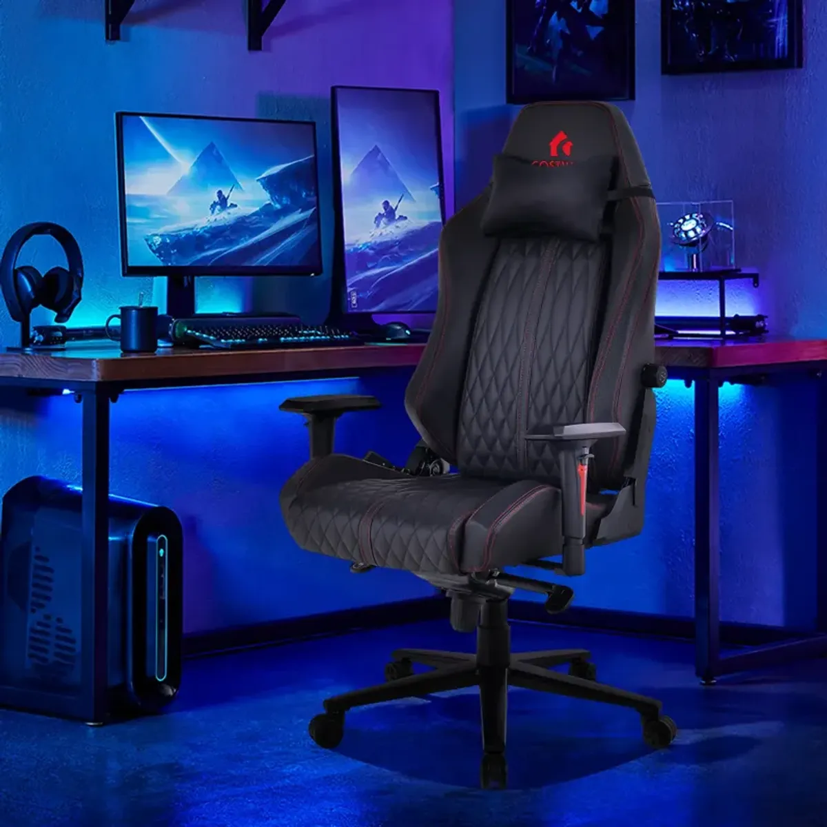 Adjustable Gaming Chair with Gas Lift 4D Armrest and Lumbar Support-Black