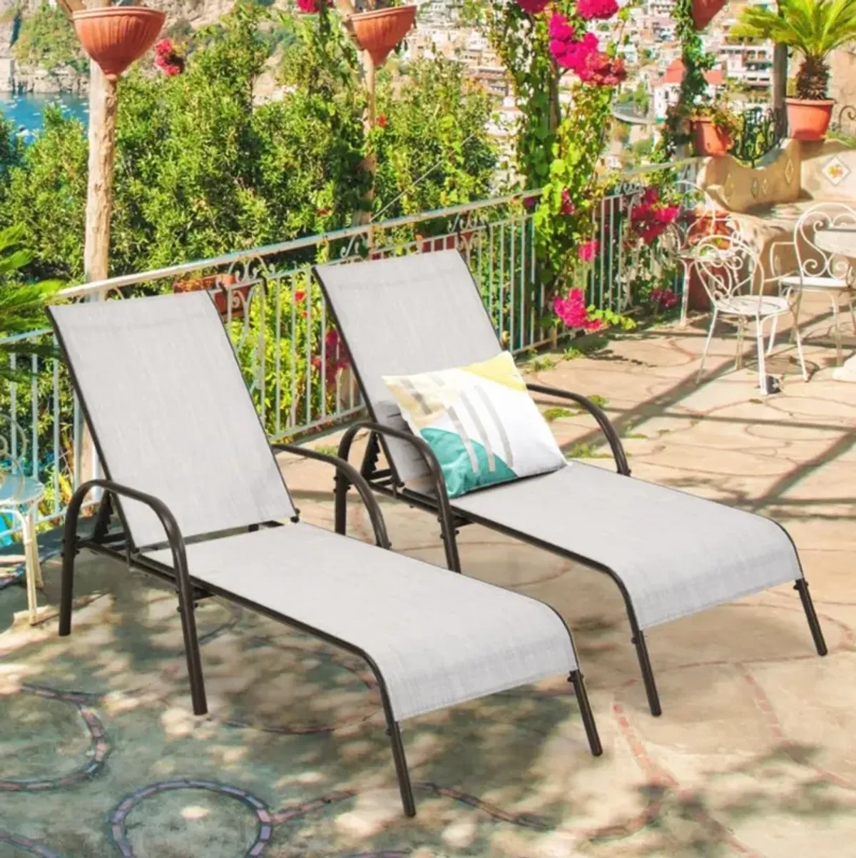 Hivvago 2 Pieces Outdoor Patio Lounge Chair Chaise Fabric with Adjustable Reclining Armrest