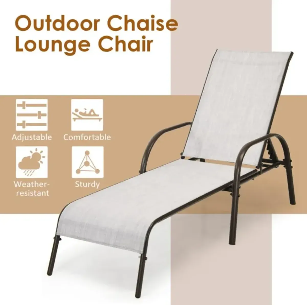 Hivvago 2 Pieces Outdoor Patio Lounge Chair Chaise Fabric with Adjustable Reclining Armrest