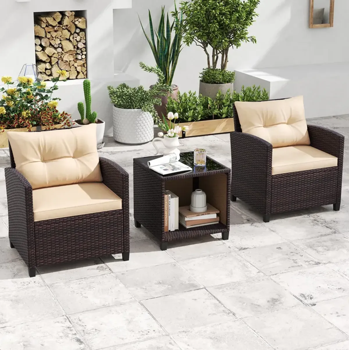 3 Piece Patio Sofa Set Wicker Chairs and Coffee Table with Storage