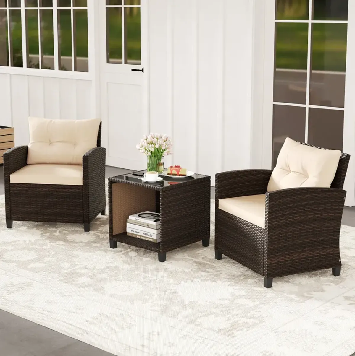 3 Piece Patio Sofa Set Wicker Chairs and Coffee Table with Storage