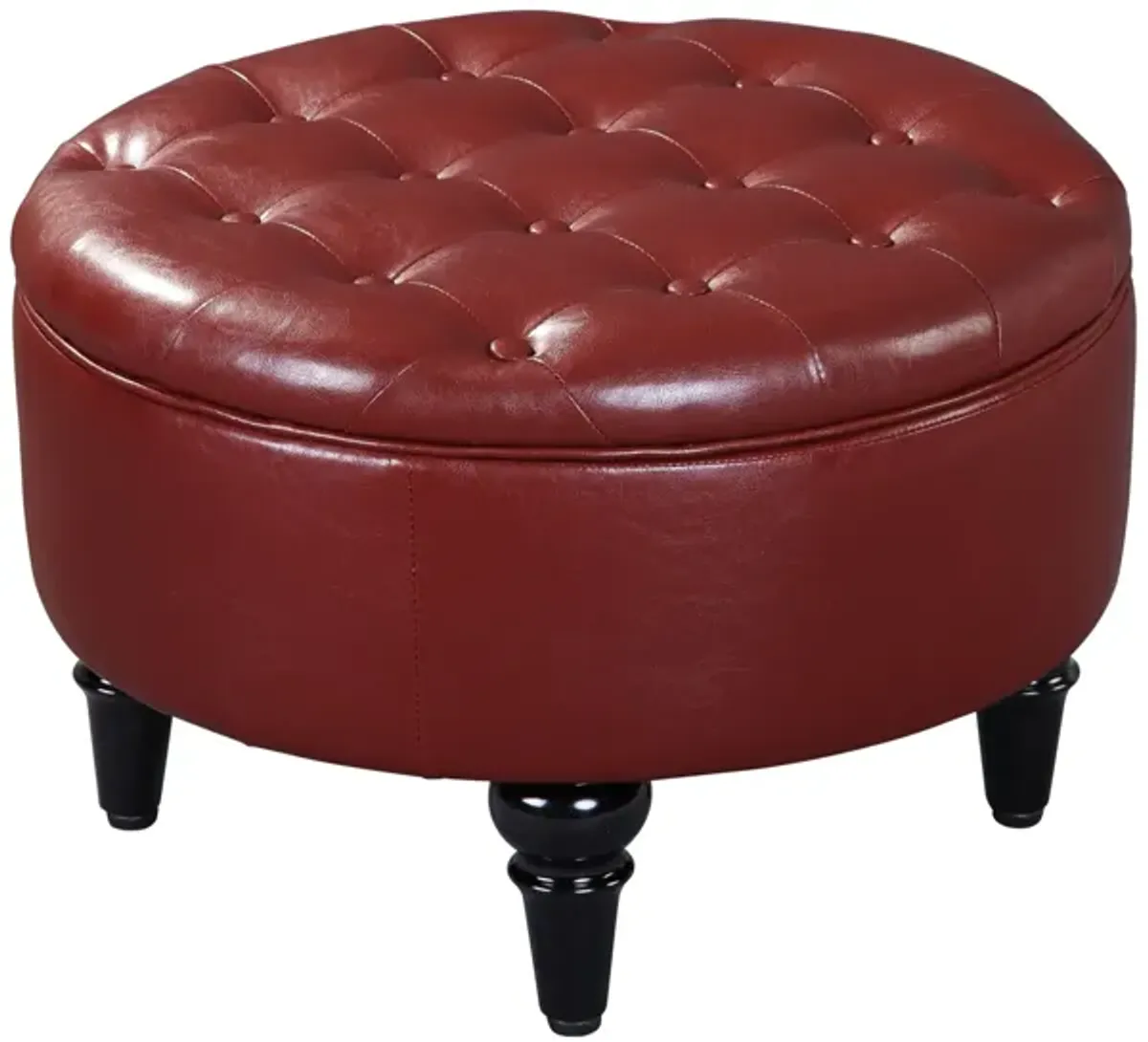 Cristo 24 Round Ottoman Footstool With Storage, Reversible Top & Button Tufts, Red Vinyl, Transitional