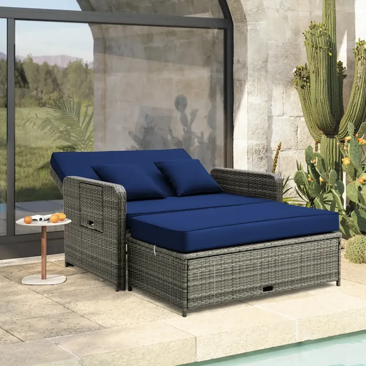 Wicker Loveseat Sofa with Multipurpose Ottoman and Retractable Side Tray