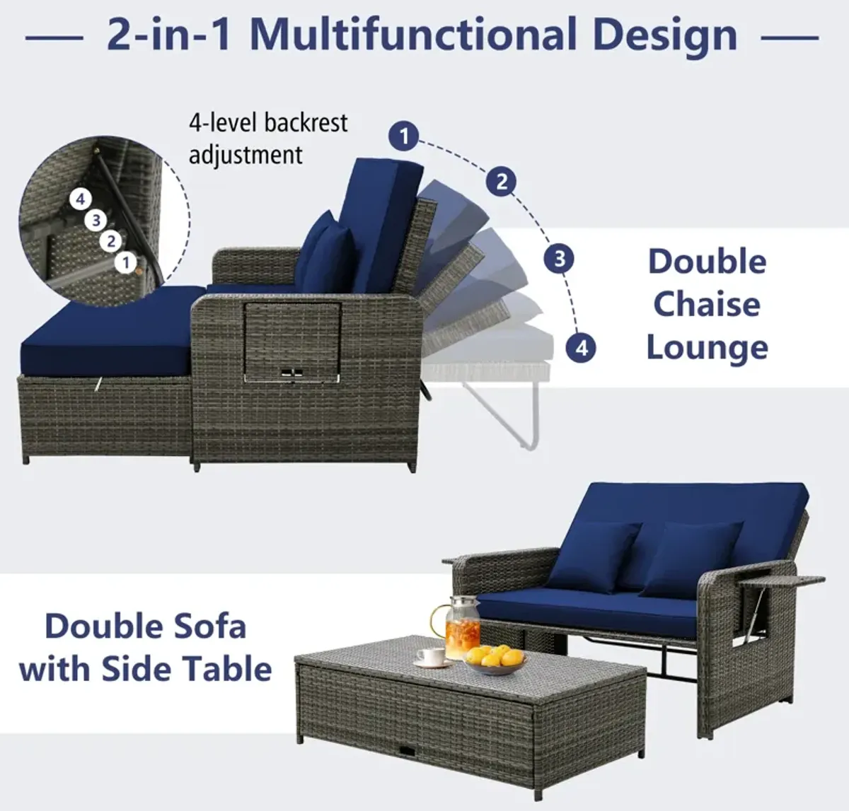 Wicker Loveseat Sofa with Multipurpose Ottoman and Retractable Side Tray