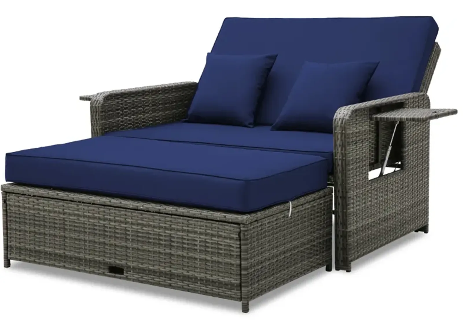 Wicker Loveseat Sofa with Multipurpose Ottoman and Retractable Side Tray