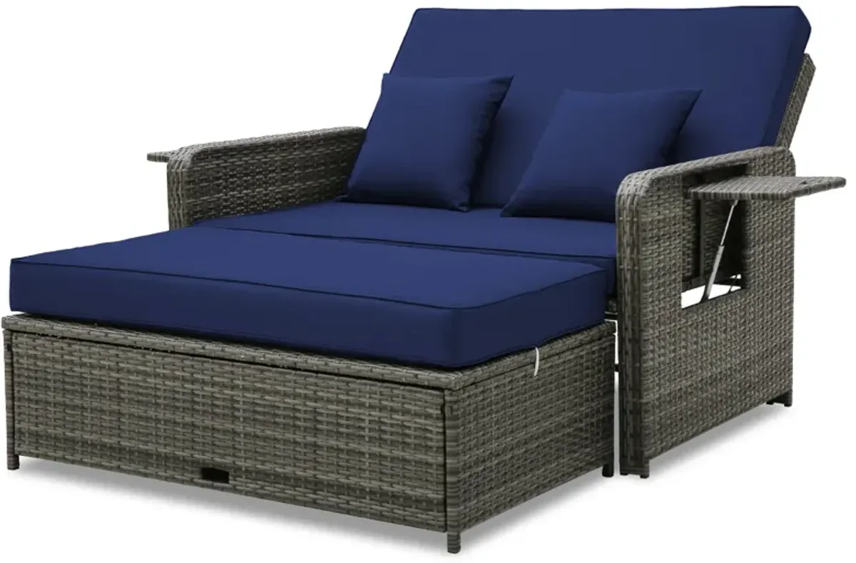 Wicker Loveseat Sofa with Multipurpose Ottoman and Retractable Side Tray