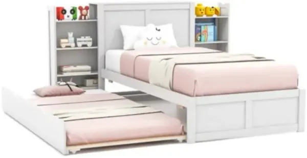 Wood Platform Bed with Trundle and Storage Bookcase Headboard