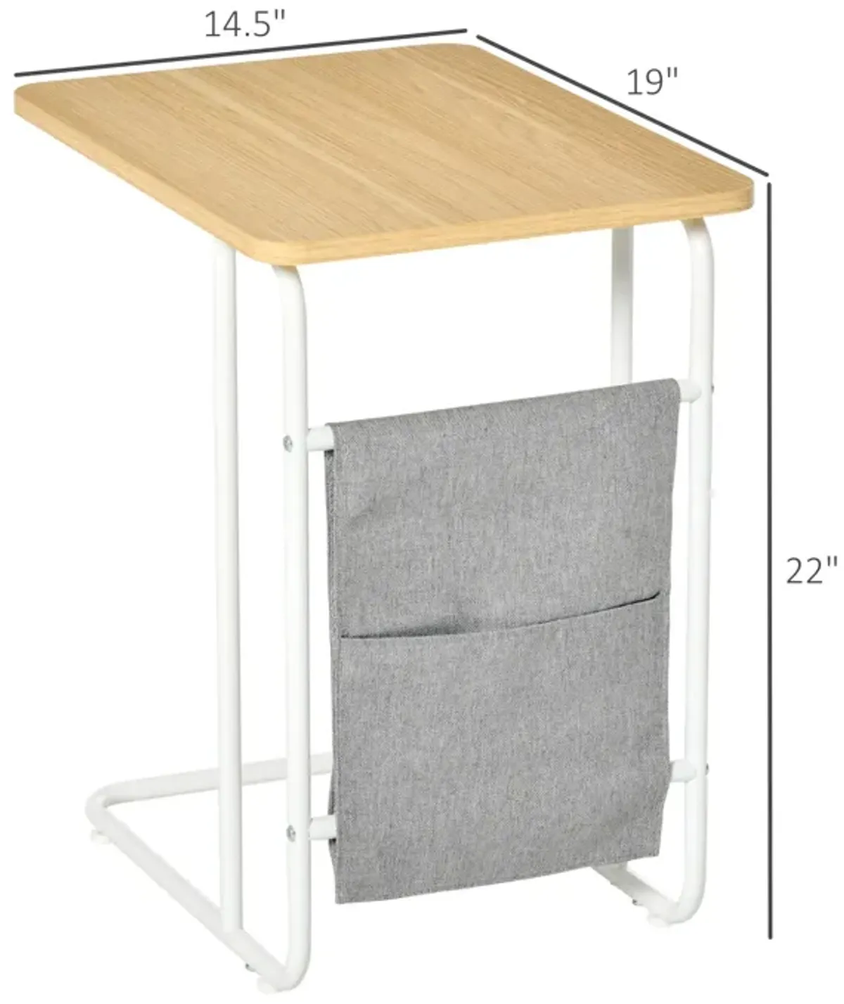 White/Oak Side Table: Industrial C-Shaped with Storage Bag