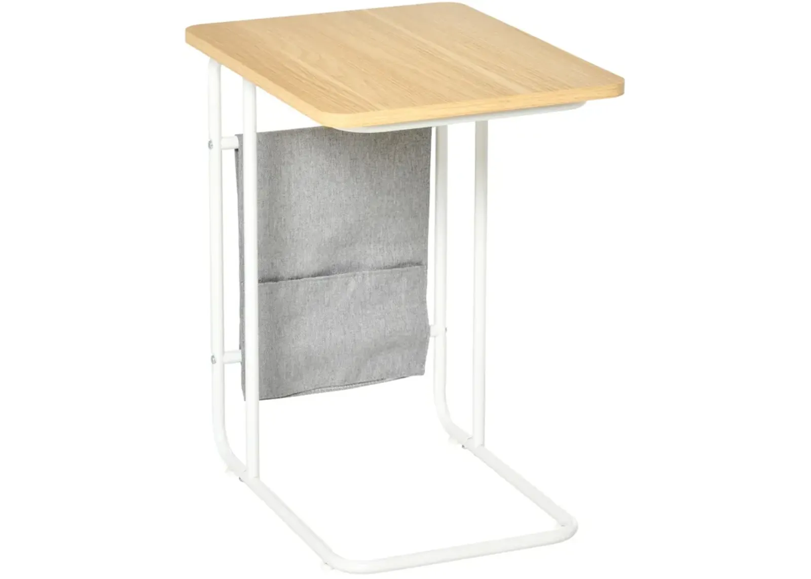 White/Oak Side Table: Industrial C-Shaped with Storage Bag