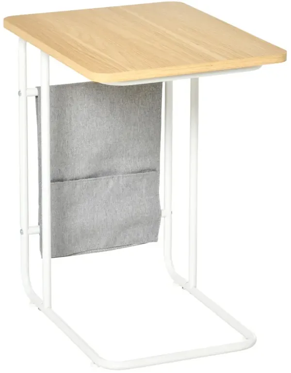 White/Oak Side Table: Industrial C-Shaped with Storage Bag
