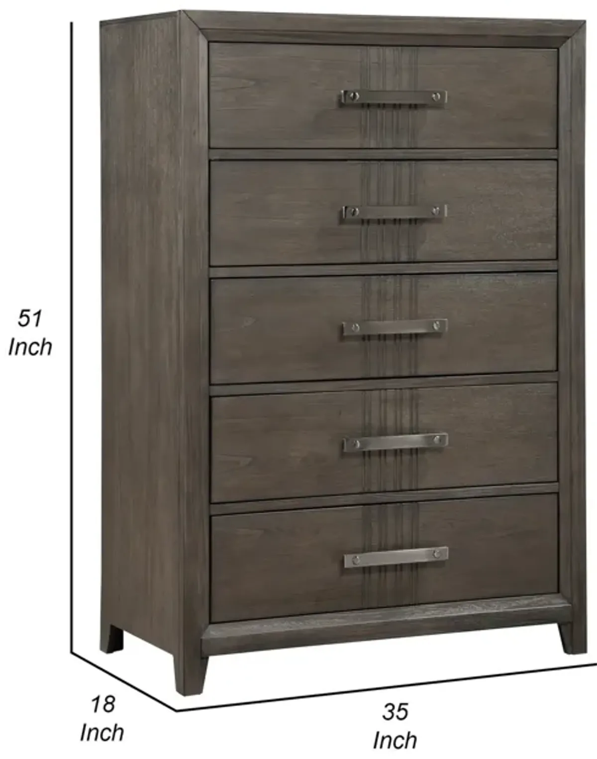 Benjara Brown Wali 51 Inch Tall Dresser Chest, 5 Drawer, Black Handles, Walnut