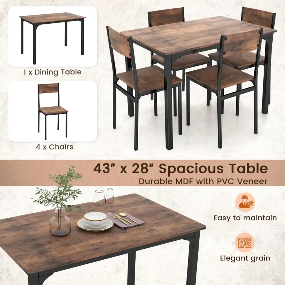 5 Piece Dining Table Set Industrial Style Kitchen Table and Chairs for 4-Rustic Brown